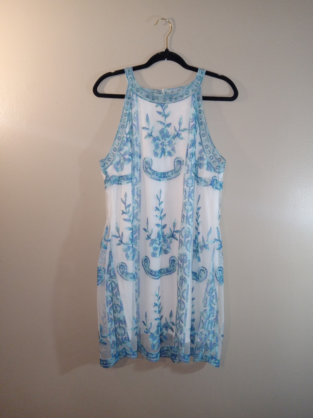 Altar'd State White Mini Dress with Blue Floral Embroidery